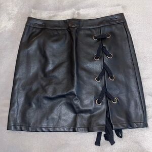 Black Faux Leather Skirt with Lace-Up Detail
